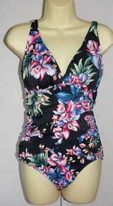 Womens Croft & Barrow Black Floral V neck Ruched Slimming One-Piece Swimsuit 10 - Picture 1 of 3