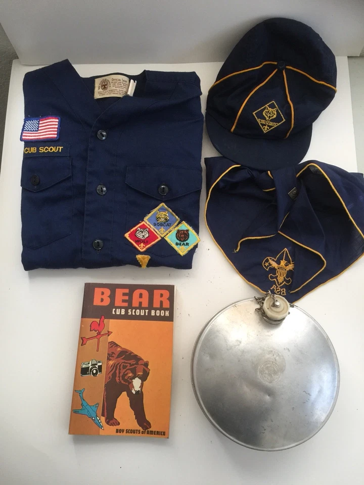 Boy Scouts 1970s shirt with patches cap Book canteen pin handkerchief lot - Image 1 of 4