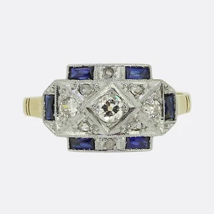 Gold Diamond Ring- Art Deco Diamond and Sapphire Ring 18ct Yellow Gold - Picture 1 of 4