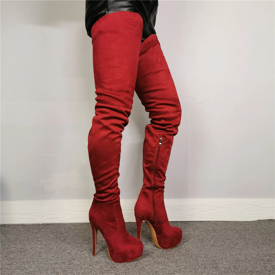 Botas femininas acima do joelho biqueira redonda plataforma salto alto vinho vermelho camurça sintética sapatos - Imagem 1 de 4