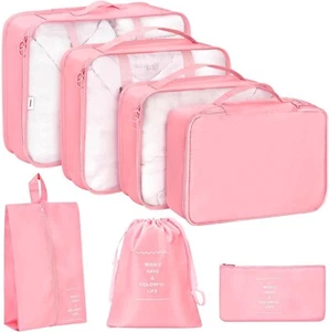 7 PCS Pink Luggage Packing Organizers Cubes Waterproof Suitcase Storage Bags - Picture 1 of 3