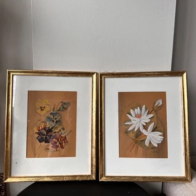 Pair of Vintage Original Floral Watercolor Paintings in Gold Frames, Signed - Image 1 of 4