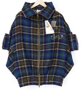 DESIGUAL Women Coat 40 Blue Tartan Checked Kimono High Neck Wool Blend Relaxed * - Picture 1 of 8