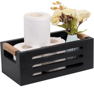HXGONYI Wood Toilet Paper Holder Basket with Handles Black 12x5.9x4.9in - Picture 1 of 7