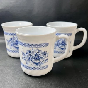 3 Arcopol Honorine France White Swirl Glass Mugs Cups Blue Roses Floral EUC - Picture 1 of 7