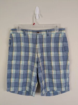 Pantalones Cortos Tommy Bahama Para Hombre 34 Azul Seda Lino Cuadros Playa Hawaiana Foto 1 de 4