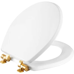 Benton Toilet Seat with Brushed Gold Hinges, Slow Close Wood Seat, Secure Met... - Picture 1 of 8