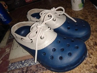 Crocs M6 W8 Islander Pitcrew Boat Shoe Duck Navy Blue Gray Taupe Leather Upper - Image 1 of 4