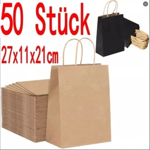 50 Geschenktüten 27 x 11 x 21cm mit Henkel Kraftpapier Tüten Braun oder Schwarz - Bild 1 von 6