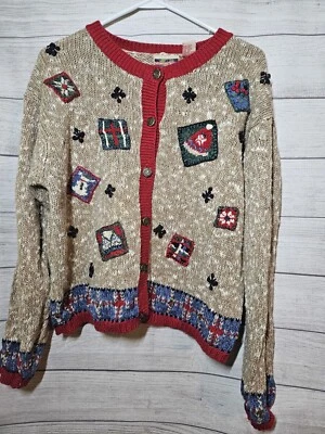 Vintage NORTHCREST Knit Button-Up Christmas Cardigan Sweater - LARGE (14/16) - Image 1 of 4