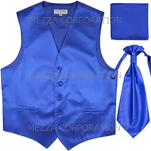 New Men's Tuxedo Vest Horizontal Stripes Ascot Cravat Hankie set Royal Blue - Picture 1 of 3