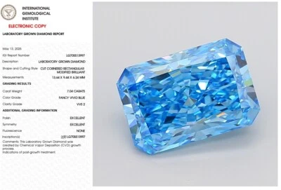 7.04 CT Radiant Lab Grown Diamond For Ring IGI Certified Fancy Vivid Blue VVS2 - Image 1 of 4