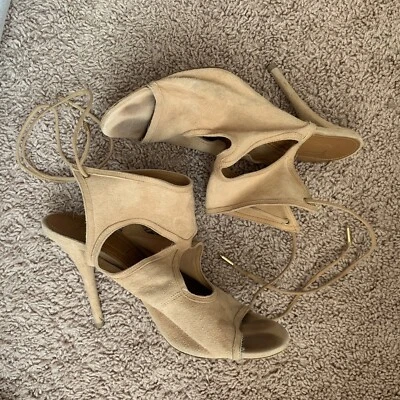 Sandalias Aquazzura Talla 8 Stiletto Sexy Tacones Tostados Gamuza Cortadas Con Cordones Foto 1 de 4