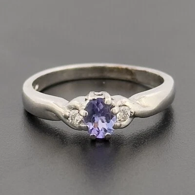 9ct White Gold Tanzanite Diamond Three Stone Ring Size L Hallmarked - Image 1 of 4
