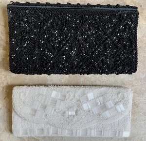 2 Vintage Evening Clutches- A Black & A White Both Seed Beaded Styles Purses. - Picture 1 of 9