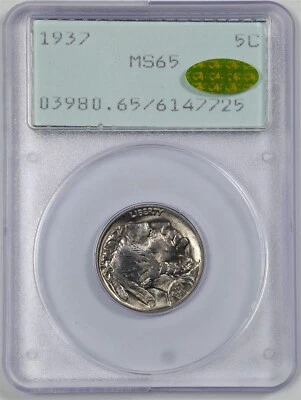 1937 5C Buffalo Nickel MS65 PCGS 6147725 "Rattler" Gen 1.2 Gold CAC - Image 1 of 4