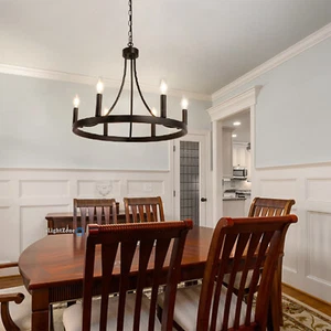 Modern Farmhouse Chandelier Wagon Wheel Pendant Light Dining Room Black Fixture - Picture 1 of 10