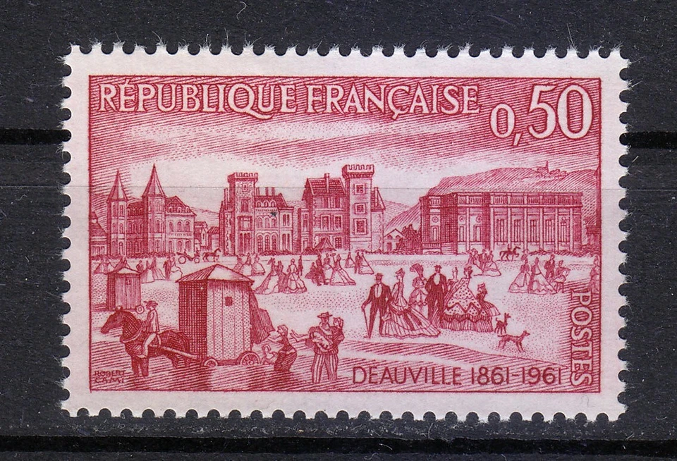 França 1961 MNH Mi 1348 Sc 996 cidade de Deauville, fantasias, cavalo, cachorro, rio ** - Imagem 1 de 1