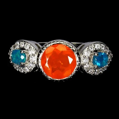 Anillo de plata esterlina Black Friday redondo ópalo naranja 7 mm ópalo azul joyería talla 8 Foto 1 de 4