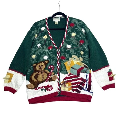 Cárdigan Suéter Navidad Feo Años 90 De Colección Para Mujer M Tejido Campanas Arcos Cuentas Peluche Foto 1 de 4