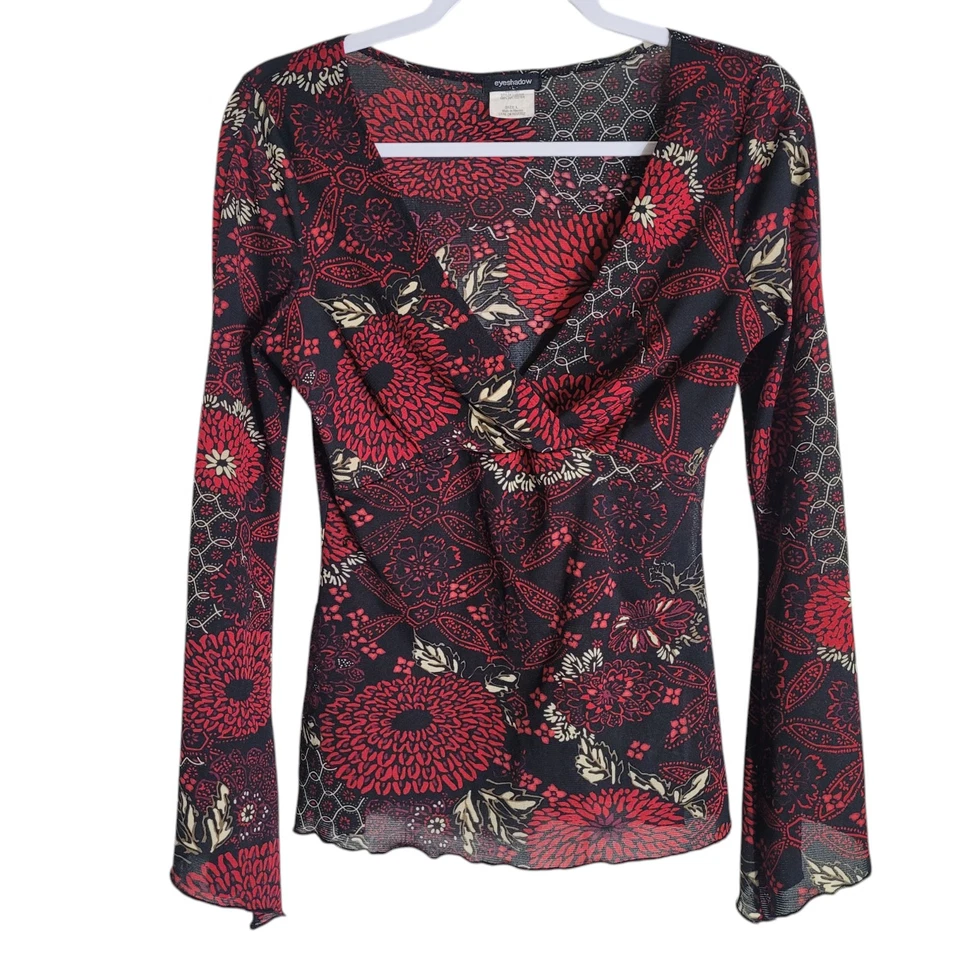 Blusa transparente Babydoll sombra de ojos Y2K para mujer talla grande negra roja floral hippie Foto 1 de 4