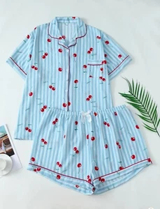 New Women Blue & White Striped Cherries Print Pajama Shorts Set Sz.L - Picture 1 of 5