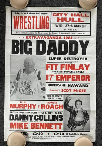 Vintage 1985 UK Professional Wrestling Poster Fit Finlay Big Daddy Skull Murphy Cover