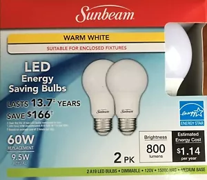 SUNBEAM - (LED) - WARM WHITE DIMMABLE - 60W Replacement BULBS - (2PK) - Picture 1 of 1