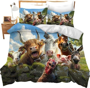 Funny Animals Bedding Set 3 Pieces Soft Lightweight Microfiber Farmhouse Cow Don - Picture 1 of 7