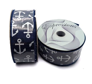 20 Yards Wire Edged Ribbon 1.5" Wide Blue Boat Anchor Expressions 10 yds x 2 Lot - Picture 1 of 5
