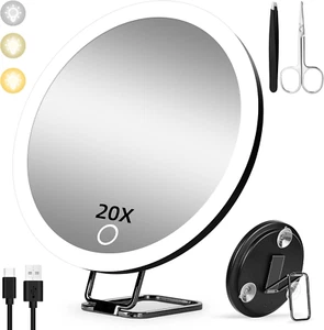 20X Magnifying Mirror with Light, Lighted Magnified Mirror with 3 Suction Cups a - Picture 1 of 12