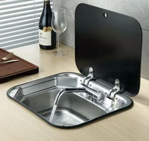 Fregadero de acero inoxidable para autocaravana caravana cámper lavabo manual y tapa de vidrio y grifo - Imagen 1 de 18