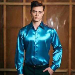 Camisas de vestir brillantes de satén para hombre manga larga con botones de seda boda fiesta camisa - Imagen 1 de 17