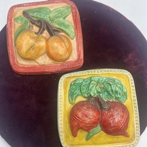 Vintage Chalkware Fruit Wall Plaques Peaches Beets Oranges Tiles - Picture 1 of 7