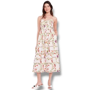 NWT Old Navy Fit & Flare Tie-Front Midi Dress Sz M White Floral Fruit Sleeveless - Picture 1 of 20