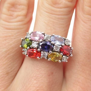 925 Sterling Silver Oval & Round-Cut Multi-Color C Z Cluster Ring Size 9 - Picture 1 of 8