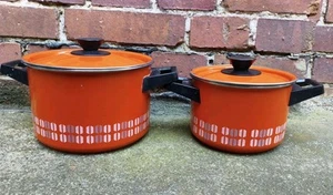 2x Emaille Kochtopf, Topf Bepflanzung Pflanzgefäß Pflanztopf DDR Orange Deckel - Bild 1 von 11