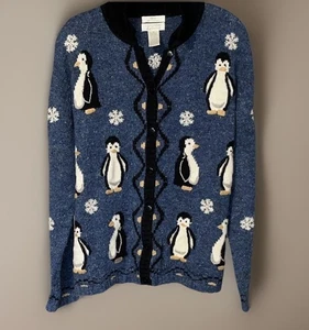 Vintage 90er Handstrick Pinguin bestickt Winter Cardigan Pullover Gr. M 2-seitig - Bild 1 von 12