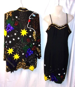 Vintage 80er / 90er Op Art Perlen Cocktailkleid & Jacke FABELHAFTES MUSTER (6) sehr guter Zustand - Bild 1 von 13