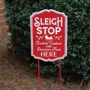 New Christmas Vintage Aged Red SANTA SLEIGH STOP HERE SIGN Yard Stake - Picture 1 of 1