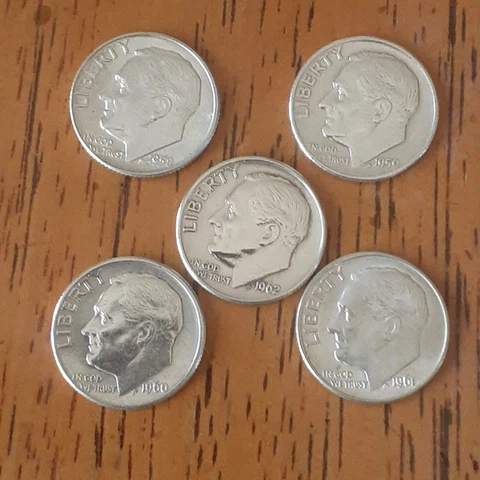 ROOSEVELT DIMES 90% SILVER LOT OF 5 DIMES. 1958-1962  ALL D MINT  AU/BU Cover