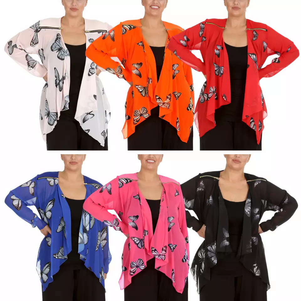 Nouvelle Plus Size Women Zip Detail Butterfly Print Chiffon Cardigan Open Front - Image 1 of 1