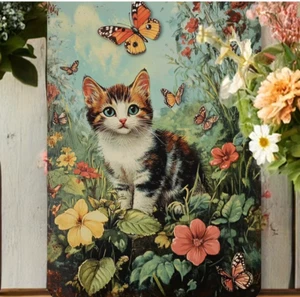 Unique Rustic French Country Vintage Cat in Garden Spring Metal Tin Sign - Picture 1 of 2