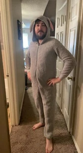 Pijama gris con capucha de conejo de Pascua sin patas orejas de conejo de felpa 1 pieza nuevo con etiquetas L/G 12-14 - Imagen 1 de 2
