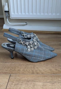 GORGEOUS RIVER ISLAND DIAMONTE GREY CHECKED KITTEN HEEL SHOES UK SIZE 5 - Picture 1 of 14