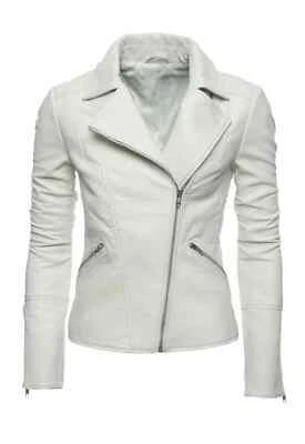 ELEGANT Women's White Leather Jacket Pure Lambskin Moto Biker Slim Fit jacket - Image 1 of 4