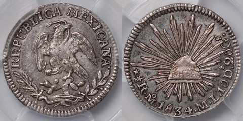 PCGS Graded MS63 Mexico 1834-Mo ML 1/2 Real Mexico City Uncirculated Silver Coin Cover