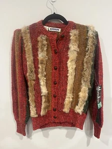 NWT Vintage Mariea Kim Large Knitted Colorful Sweater Button Size L Fur Trim - Picture 1 of 9