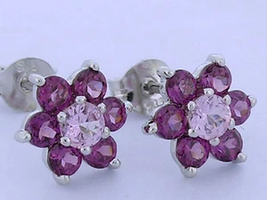 E058 - Genuine 9ct White Gold Natural Pink Sapphire & Rhodolite Stud Earrings - Picture 1 of 4