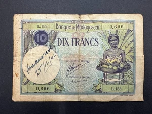 Raro Billete Vintage Madagascar 10 Francos 1926-1953 LOTE: 0709-490 - Imagen 1 de 2